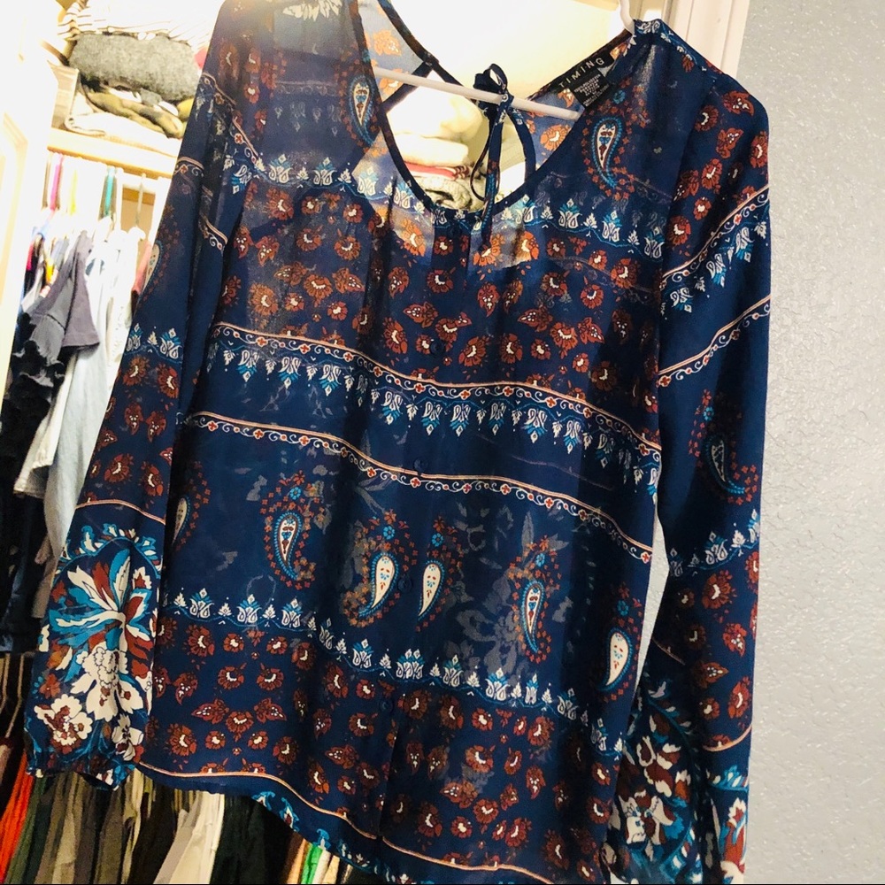 Navy & Brown Design Button Up Blouse